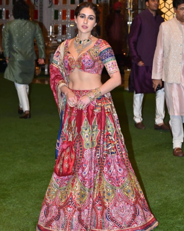 Sara Ali Khan looked beautiful in a heavy embroidered lehenga at the Ambani Haldi.