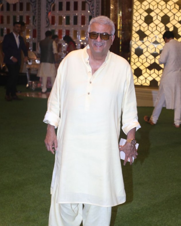 Boney Kapoor looked handsome as he smiled for the paparazzi at the Ambani Haldi.