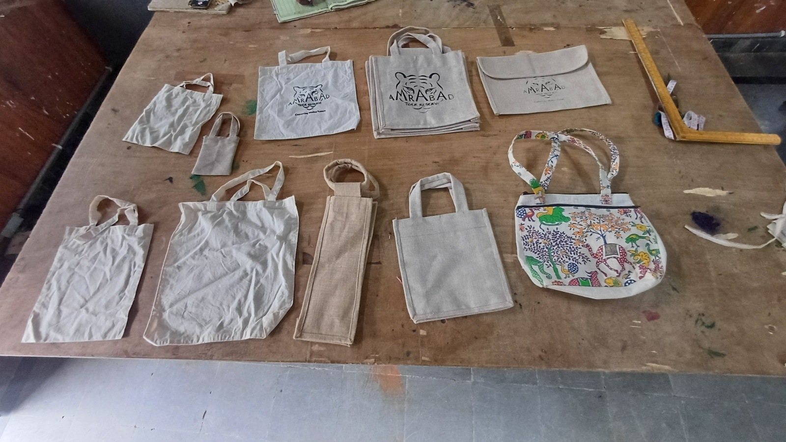 Twenty-two women including those from the Chenchu tribal community are trained in making cloth and jute bags and leaf plates. 