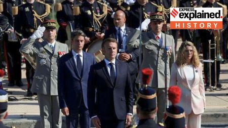 French President Emmanuel Macron and Prime Minister Gabriel Attal review troops during the annual Bastille Day military parade on the Avenue Foch in Paris, France, July 14, 2024.