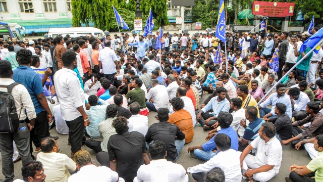 Bahujan Samaj Party supporters gathered outside the Rajiv Gandhi Government Hospital to protest after Tamil Nadu BSP leader K Armstrong was killed by a six-member gang in Chennai. (PTI)