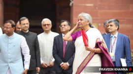 budget 2024 Union Finance Minister Nirmala Sitharaman at the Parliament complex before presenting the Budget 2024. (Express photo by Praveen Khanna)