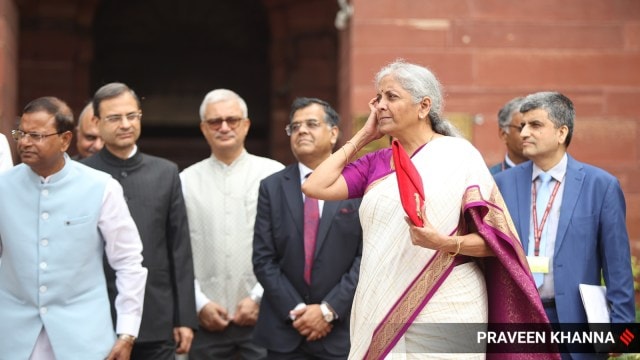 Union Finance Minister Nirmala Sitharaman at the Parliament complex before presenting the Budget 2024. (Express photo by Praveen Khanna)