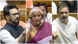 From left: BJP MP Anurag Thakur, Finance Minister Nirmala Sitharaman and Congress MP Rahul Gandhi in the Lok Sabha during the Monsoon session of Parliament, in New Delhi, Tuesday. (PTI)