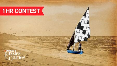 sailboat with crossword pattern on sails on a sea