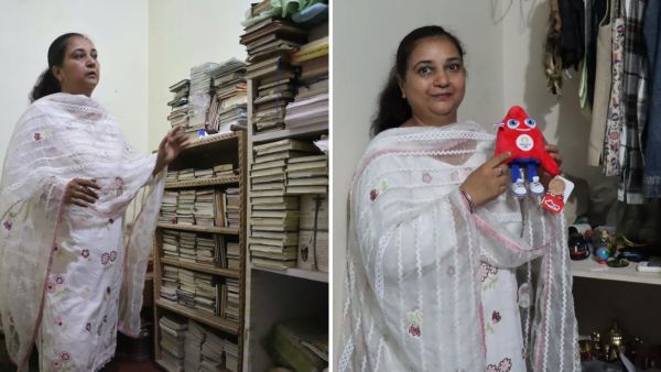 Author Deepti Babuta, mother of Paris Olympics fourth-place shooter Arjun Babuta, shared old memories about Arjun's struggle, also showing the books and other things at their residence in Kharar on Monday. Express photo by Jasbir Malhi