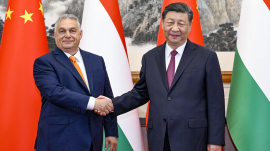 In this photo released by Xinhua News Agency, Hungarian Prime Minister Viktor Orban, left, shakes hands with Chinese President Xi Jinping before a meeting at the Diaoyutai State Guest House in Beijing, Monday, July 8, 2024. (AP)