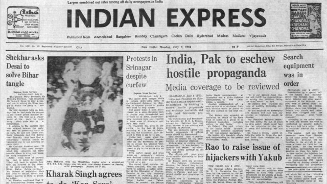 This is the front page of The Indian Express published on July 9, 1984, Forty Years Ago.