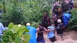 Police and fire department undertaking a rescue operation at Pali waterfall in Goa. (Video screengrab/ Express)