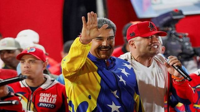 Venezuela's President Nicolas Maduro celebrates winning a third term in the presidential election, in Caracas, Venezuela July 29, 2024. REUTERS