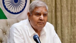Vice-President and Chairman of Rajya Sabha, Jagdeep Dhankhar, interacts with participants of the Rajya Sabha Internship Programme (Batch-2) at the Parliament House. (PTI)
