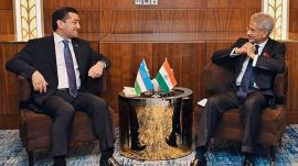 Union External Affairs Minister S Jaishankar during a meeting with Foreign Minister of Uzbekistan Bakhtiyor Saidov, in Astana. (PTI Photo)