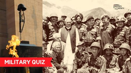 kargil diwas quiz on indian military. amar jawan jyoti on left, vajpayee with soldiers on right