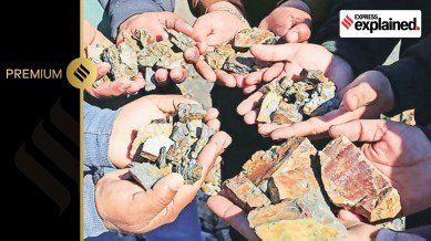 Locals holding lithium ore in Jammu and Kashmir’s Reasi district. The lithium reserve in Reasi was discovered in February 2023.