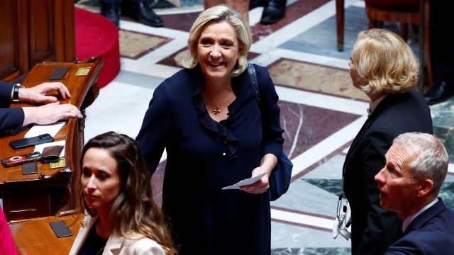 French far-right leader Marine Le Pen, member of parliament of the Rassemblement National (National Rally - RN) party, arrives to attend the first session and to elect the new President of the National Assembly, after the French parliamentary elections. (Reuters)