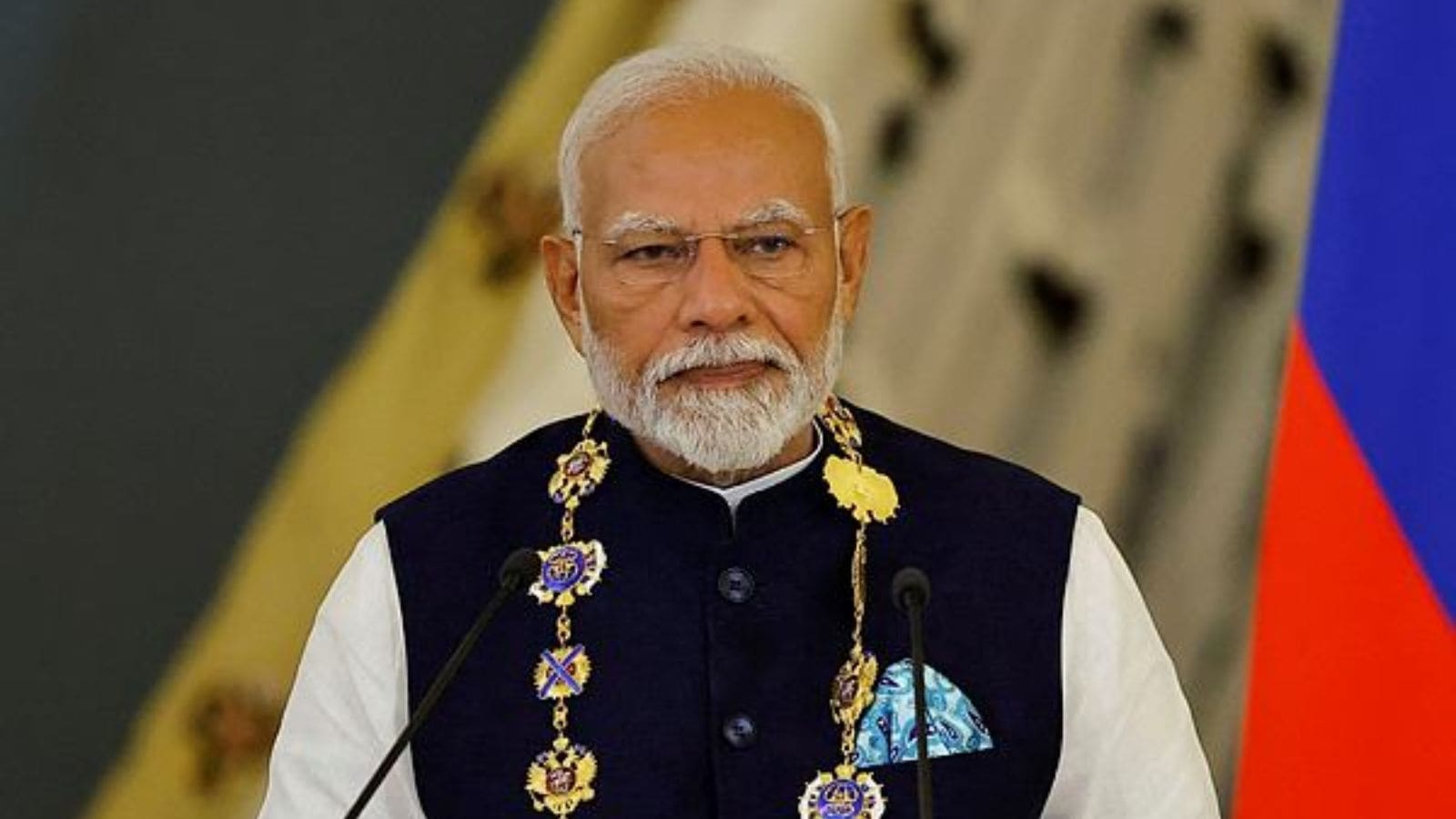 Prime Minister Narendra Modi speaks after being awarded with the Order of St. Andrew the Apostle the First-Called at the Kremlin in Moscow, Russia