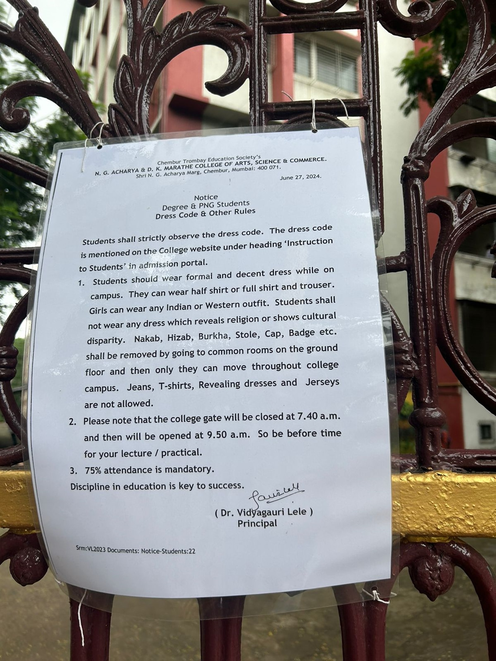 The notice, titled ‘Dress Code & Other Rules’, was issued by the college on June 27. (Express)