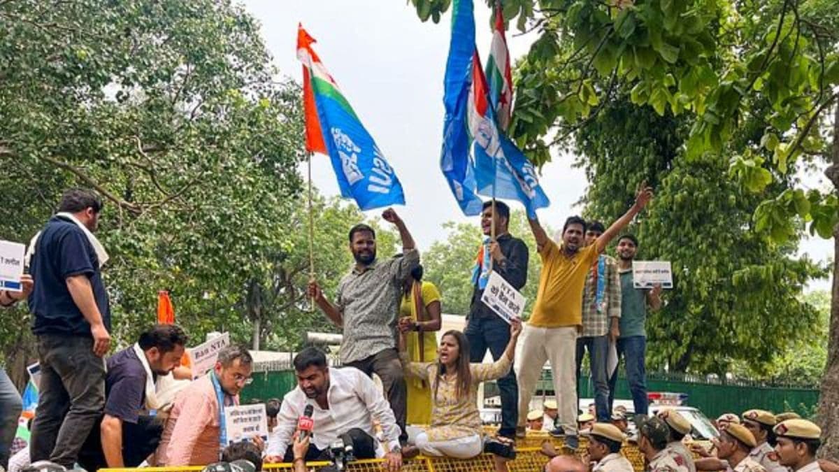 NSUI activists stage a protest demanding re-conduct of the NEET exam, in New Delhi