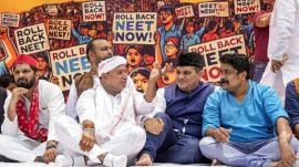 Agitators during a protest of the India Youth Front, an umbrella group representing INDIA bloc parties' youth wings, over the alleged irregularities in NEET 2024 results, at Jantar Mantar, in New Delhi