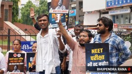Students group protests against the NEET UG exam in Gujarat. (Express file photo by Bhupendra Rana)