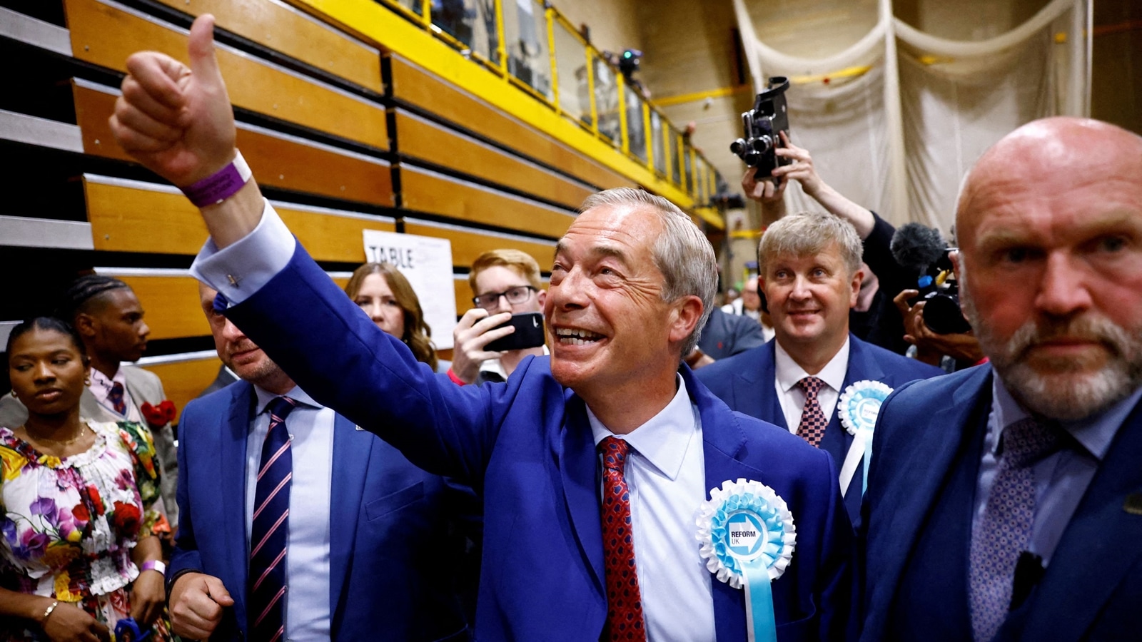 Britain's Reform UK Party Leader Nigel Farage after winning his first seat in Parliament during the UK election in Clacton-on-Sea. (Reuters)