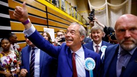 Britain's Reform UK Party Leader Nigel Farage after winning his first seat in Parliament during the UK election in Clacton-on-Sea. (Reuters)