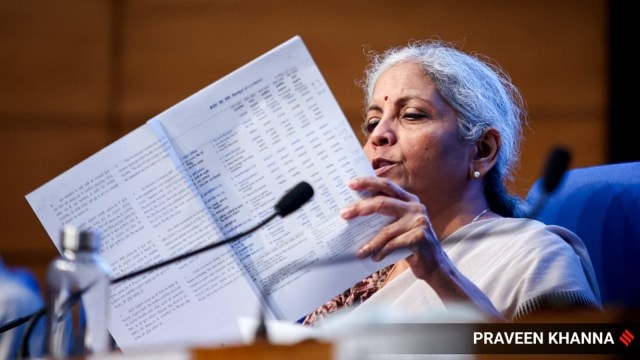 Union Finance Minister Nirmala Sitharaman addressing a press conference after the Budget 2024, (Express photo by Praveen Khanna)