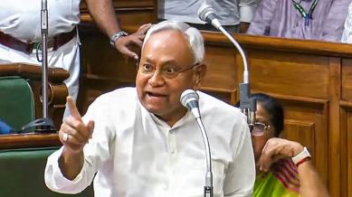Bihar Chief Minister Nitish Kumar speaks during the state Legislative Assembly session, in Patna
