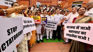 Parliament Session 2024 Live Updates: Congress MP Rahul Gandhi and other Opposition MPs raising slogans in protest outside the Parliament building in Delhi. (Credit: INC)