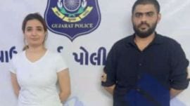 Nita Chaudhary and Yivrajsinh Jadeja after being arrested by Kutch East police. Express photo