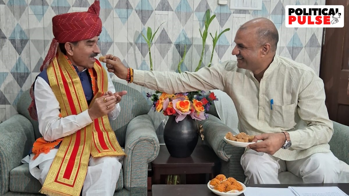 Newly appointed Rajasthan BJP chief Madan Rathore meets outgoing party president CP Joshi, Friday. (X/@cpjoshiBJP)