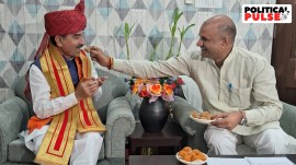 Newly appointed Rajasthan BJP chief Madan Rathore meets outgoing party president CP Joshi, Friday. (X/@cpjoshiBJP)