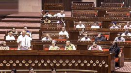 Leader of Opposition in Rajya Sabha Mallikarjun Kharge speaks in the House during the Monsoon session of Parliament, in New Delhi,