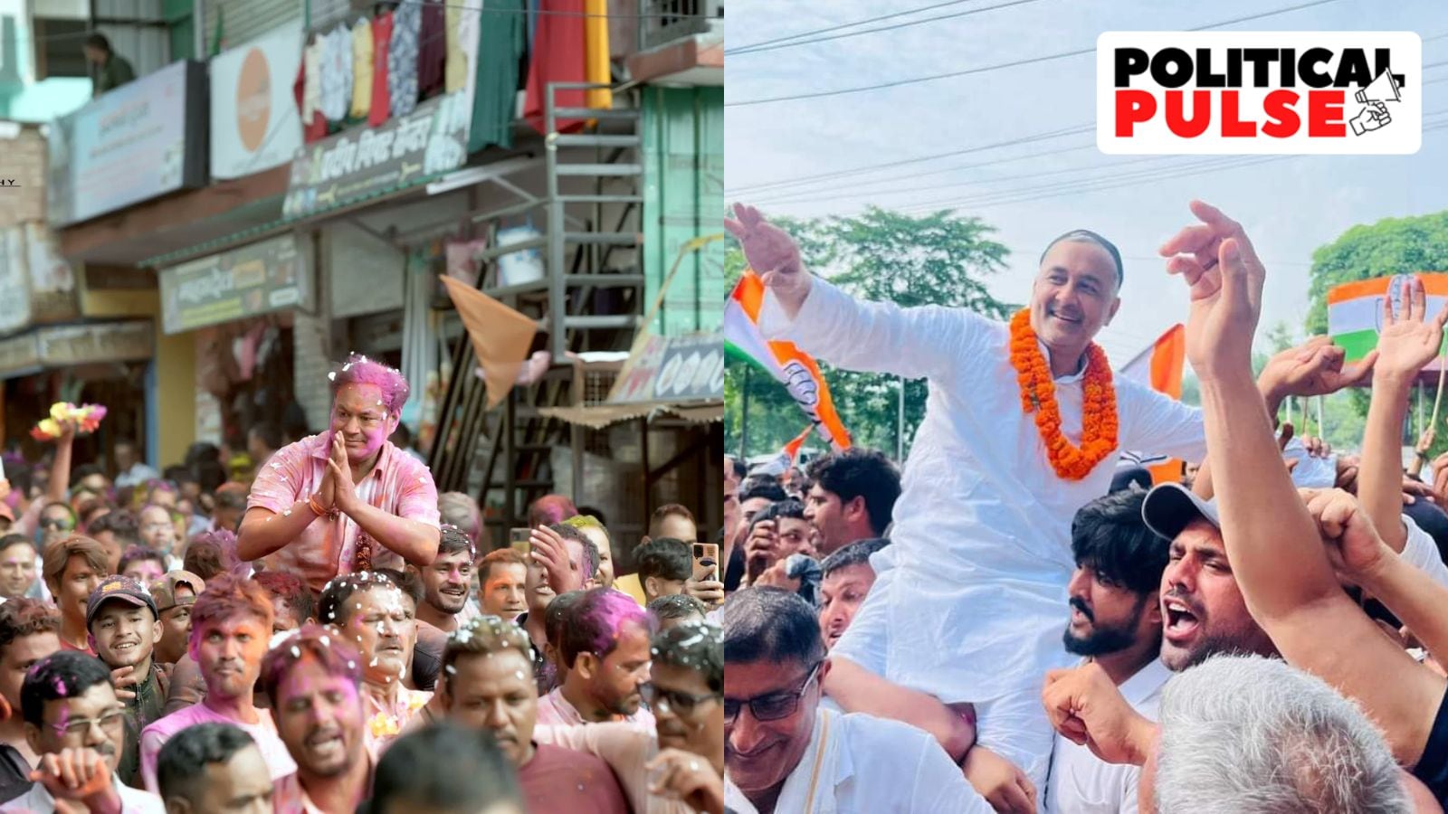 Lakhpat Singh Butola (L) and Qazi Nizamuddin (R) celebrating their victories in the bypolls. (Photos: INC Uttarakhand/ Qazi Nizamuddin/ X)