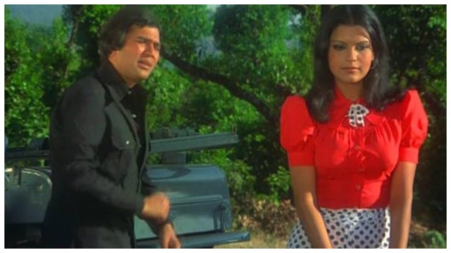 Zeenat Aman and Rajesh Khanna in a still from the film Ajanabee.