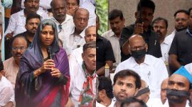 Pawar alongwith daughter Supriya Sule, with their mouths tied up in black bands, participated in the demonstration at Babasaheb Ambedkar statue, near the collector's office, while some MVA leaders recited 'Raghupati Raghav Rajaram.., Sabko Sanmati de Bhagwan..", the popular bhajan of Mahatma Gandhi.
