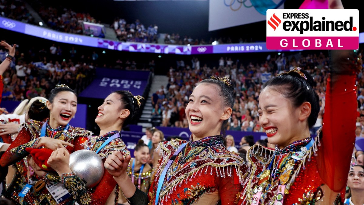 Team China celebrate winning gold in Group Rhythmic Gymnastics in the Paris Olympics.