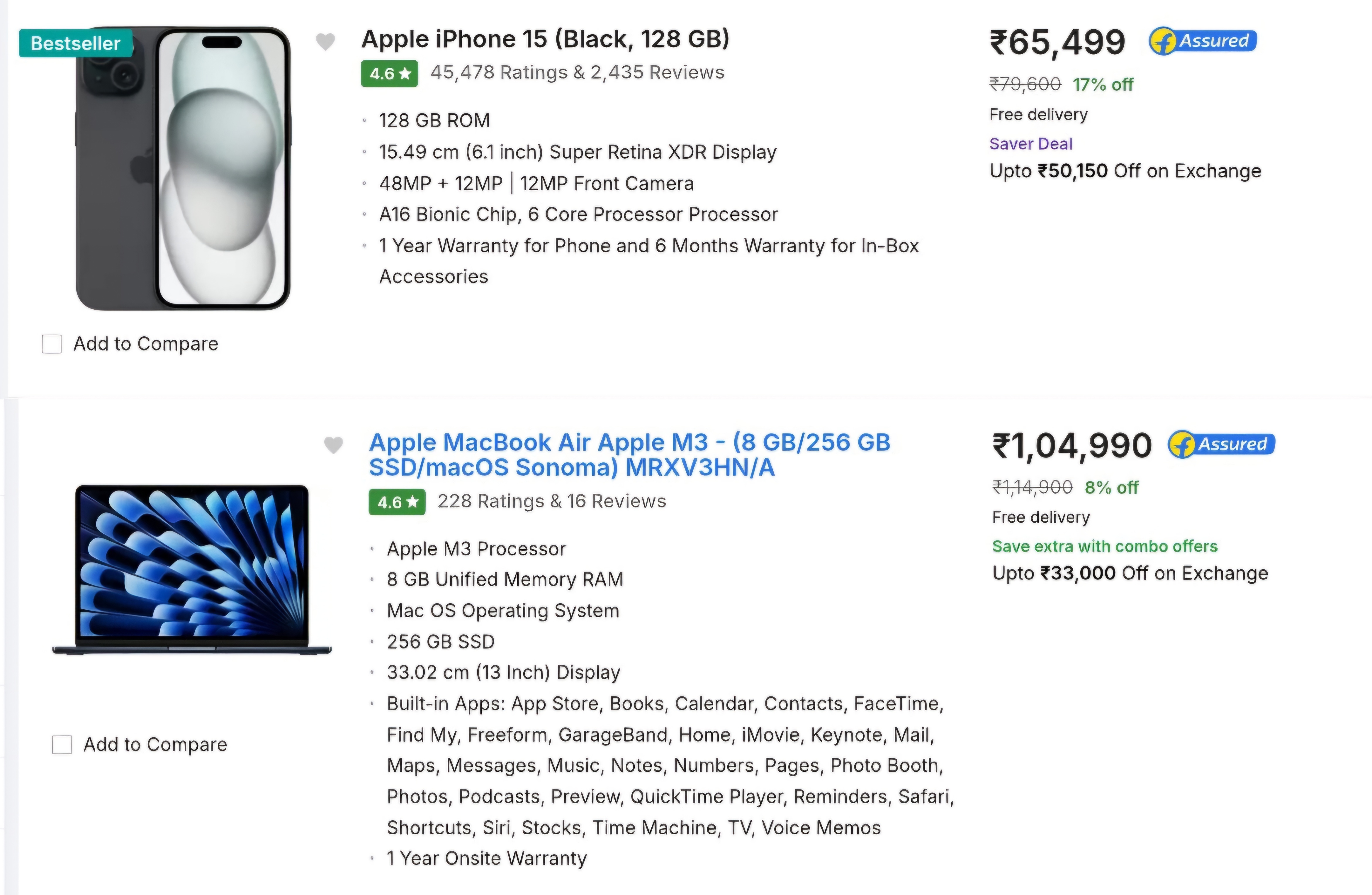 iiPhone 15 and MacBook Air M3 price as noted on August 9, 4:20PM.