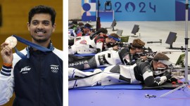 (LEFT) Swapnil Kusale celebrates after winning the bronze medal at the Paris Olympics; (RIGHT) Shooters including Swapnil compete in the 50m rifle 3 positions men's final. (Photos: AP)