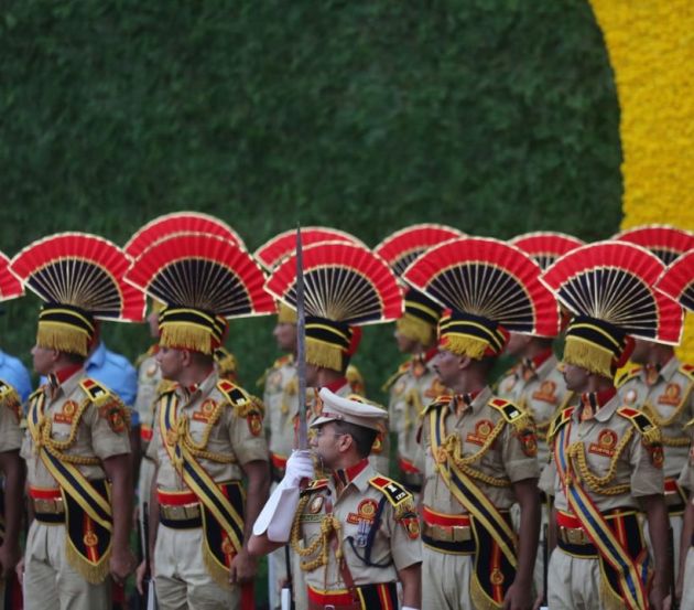 Soldiers take part in Independence Day celebrations at the historic Red Fort in Delhi, India