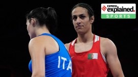 Algeria’s Imane Khelif (right) and Italy’s Angela Carini after their bout on Thursday at the Paris Olympics.