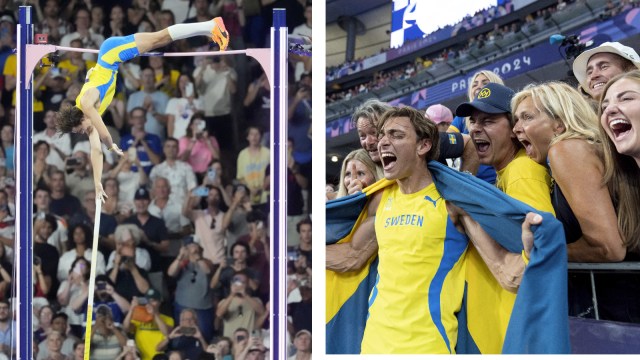 (Left) Mondo Duplantis clears the bar at 6.25m to set a new world record; (Right) Duplantis reacts after setting a new world record in the men's pole vault final at the Paris Olympics in Saint-Denis. (AP Photo)