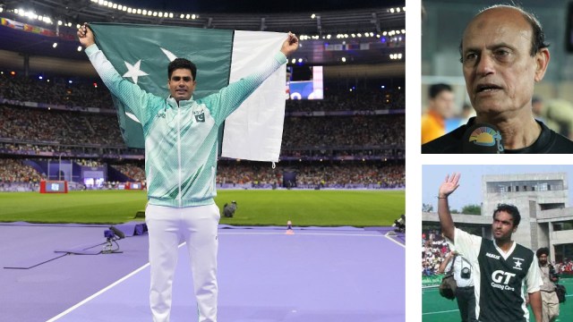 Arshad Nadeem of Pakistan celebrates after winning the men's javelin throw final at the Paris Olympics; (Right, Top) Former Pakistan captain Islahuddin Siddique and (Right, Bottom) Former Pakistan captain Sohail Abbas. (PHOTOS: AP Photo, Express Archive, Special Arrangement)