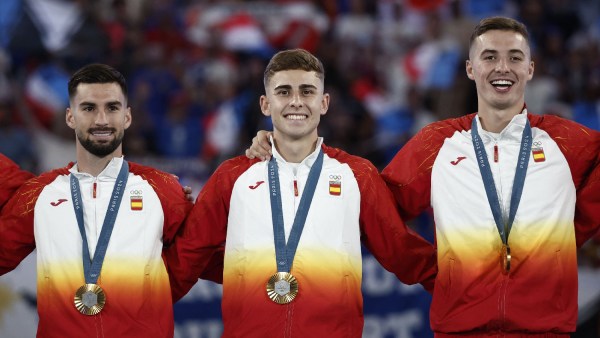 Gold medallists Alex Baena of Spain, Fermin Lopez of Spain and Jon Pacheco of Spain celebrate on the podium