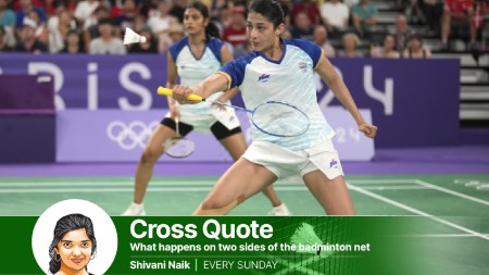 Ashwini Ponnappa plays against Australia's Setyana Mapasa and Angela Yu during their women's doubles badminton group stage match at Porte de la Chapelle Arena during the 2024 Summer Olympics, Tuesday, July 30, 2024, in Paris, France. (AP Photo)