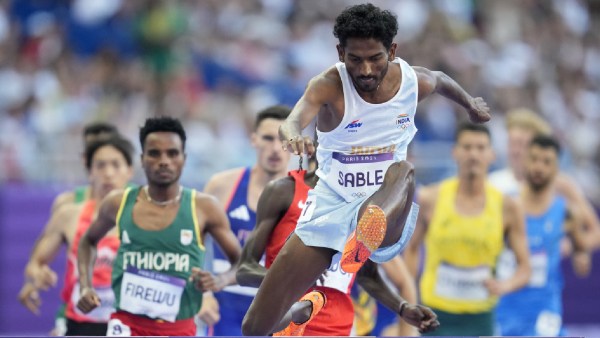 Avinash Mukund Sable, of India, competes in a men's 3000 meters steeplechase round 1 heat at the 2024 Summer Olympics,