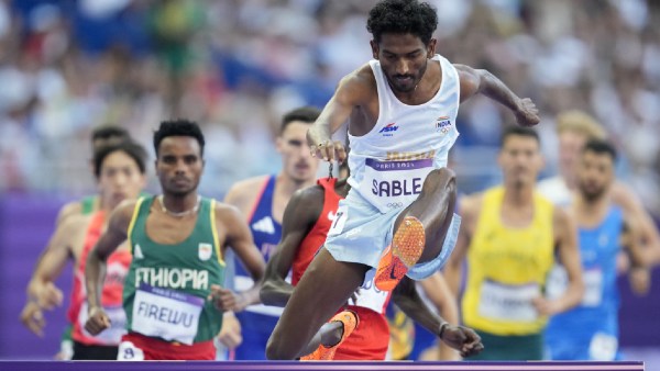 Avinash Mukund Sable, of India, competes in a men's 3000 meters steeplechase round 1 heat at the 2024 Summer Olympics, Monday, Aug. 5, 2024, in Saint-Denis, France. (AP Photo)