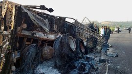 A burnt vehicle which was torched by gunmen, Baluchistan province