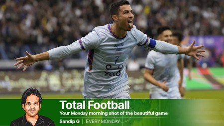 Cristiano Ronaldo celebrates after scoring his side's second goal playing for a combined XI of Saudi Arabian teams Al Nassr and PSG during a friendly soccer match at the King Saud University Stadium in Riyadh, Saudi Arabia