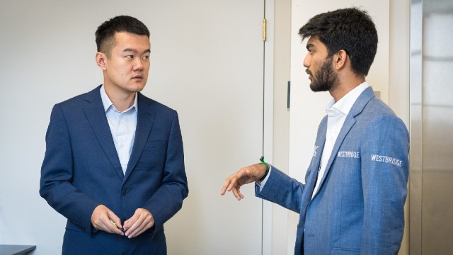 World champion Ding Liren and world champion challenger Gukesh D talk after their match ended in a draw at the Sinquefield Cup in St Louis. (PHOTO: Lennart Ootes via Grand Chess Tour)